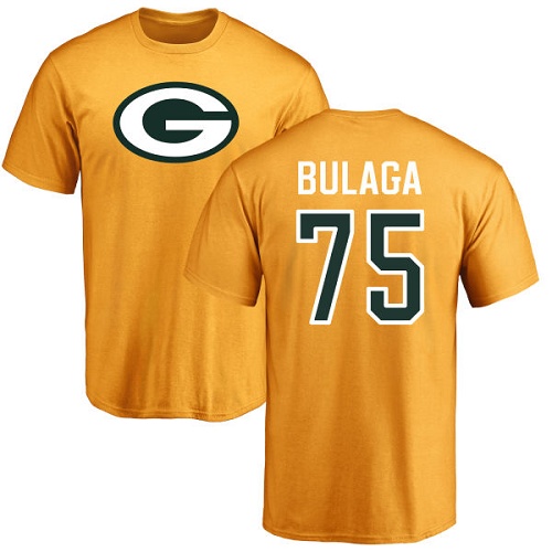 Men Green Bay Packers Gold #75 Bulaga Bryan Name And Number Logo Nike NFL T Shirt->nfl t-shirts->Sports Accessory